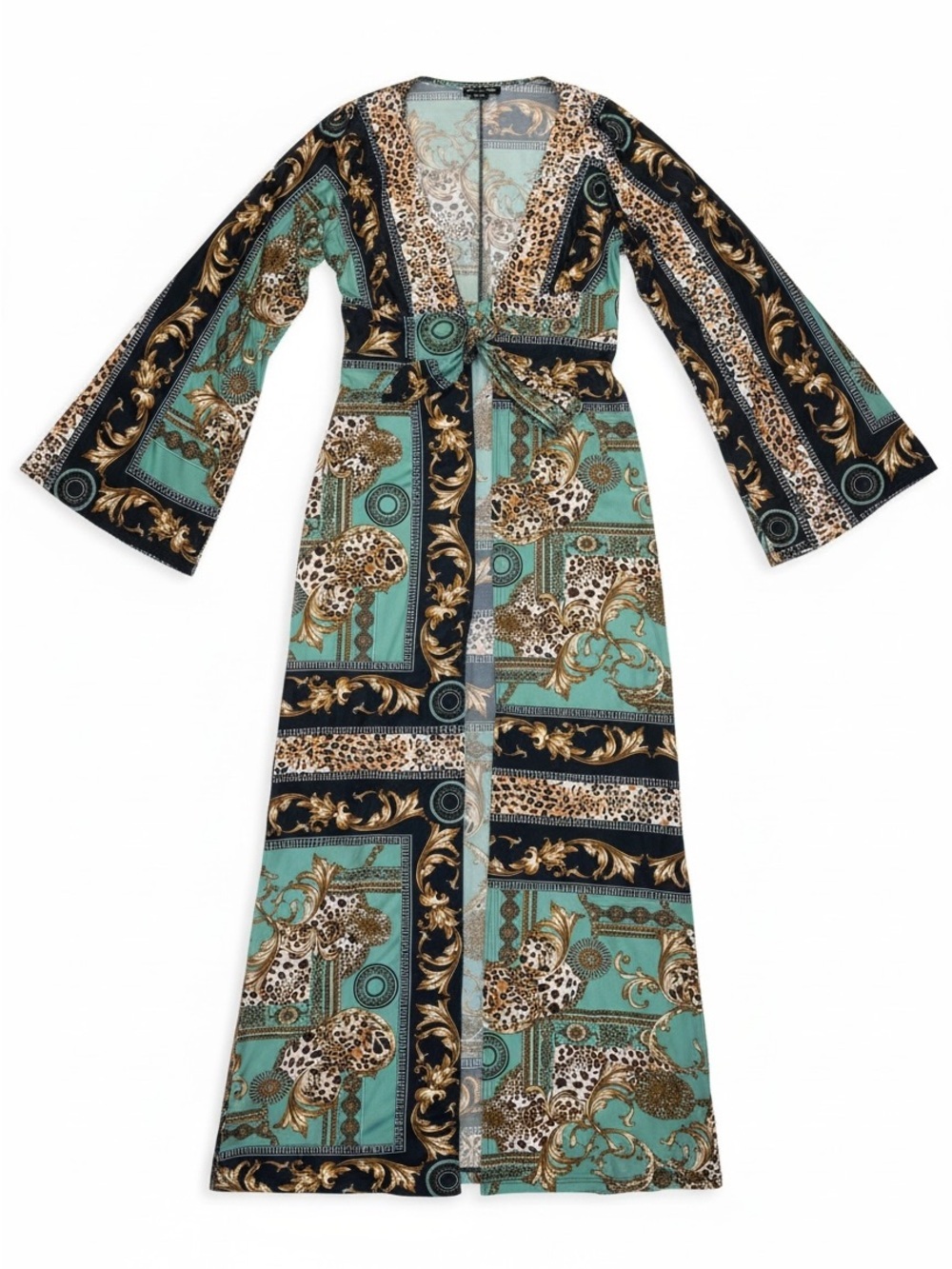 Fashion Nova Baroque Leopard Print Tie-Front Maxi Kaftan Duster Cover-Up - Picture 2 of 9
